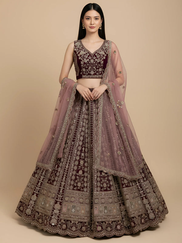 Captivating Maroon Multi Thread Work Net Bridesmaid Lehenga Choli With Dupatta