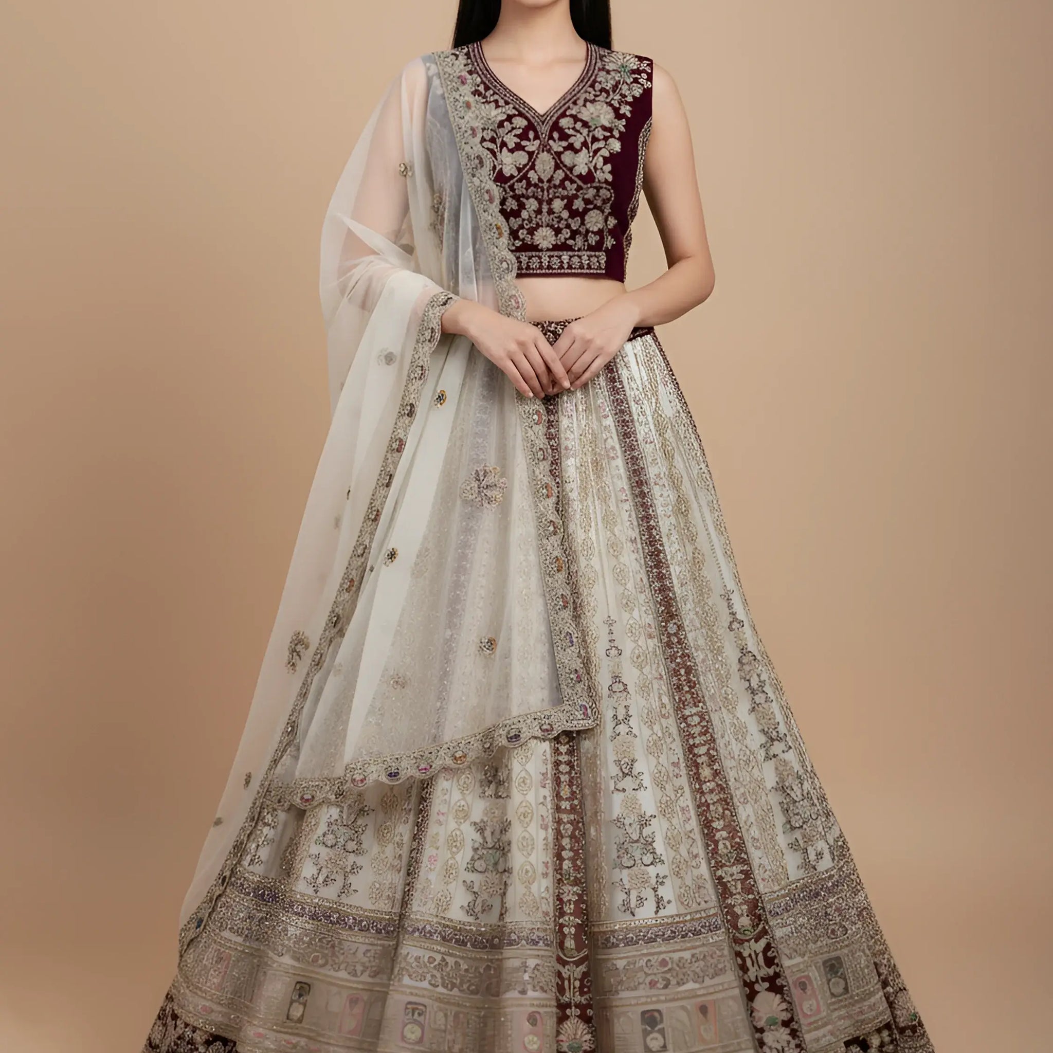 Great Off-White Stone Work Net Wedding Wear Lehenga Choli With Dupatta