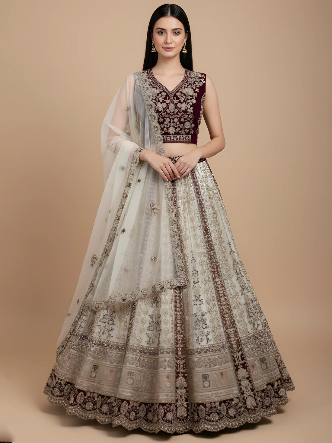 Great Off-White Stone Work Net Wedding Wear Lehenga Choli With Dupatta