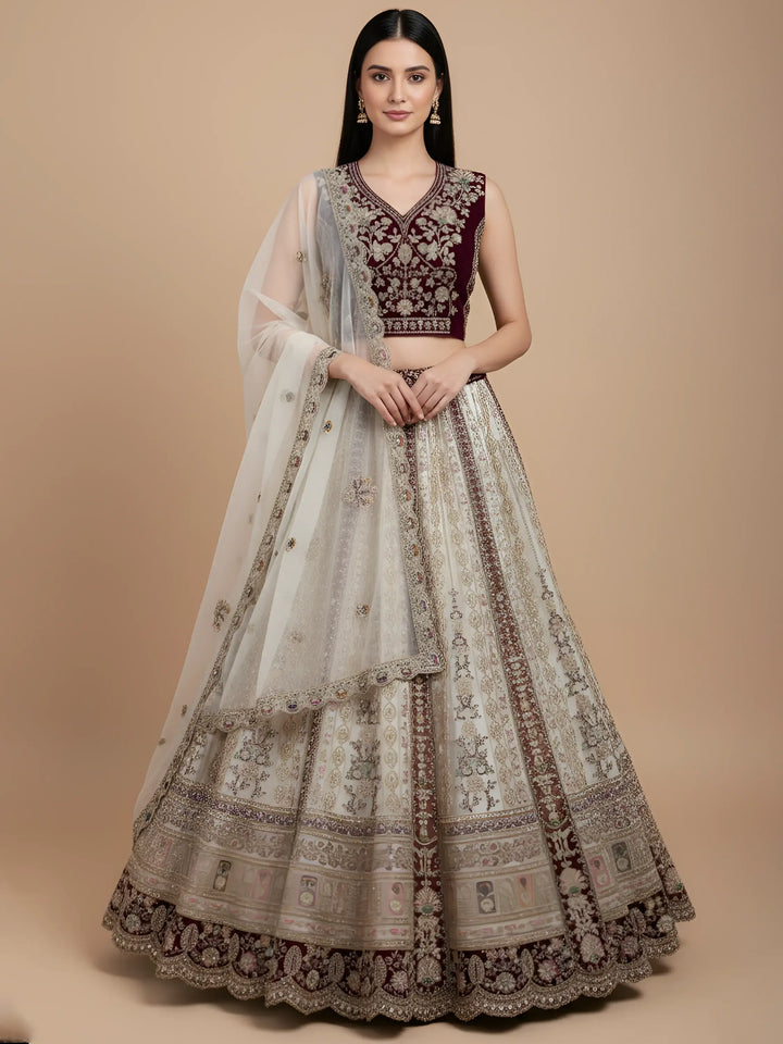 Great Off-White Stone Work Net Wedding Wear Lehenga Choli With Dupatta