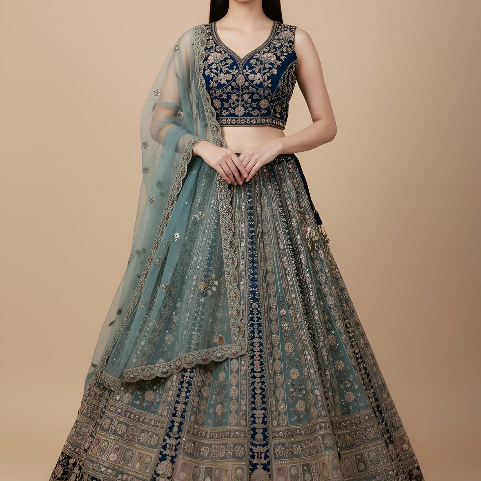 Beautiful Teal Blue Dori Embroidered Net Lehenga Choli With Dupatta