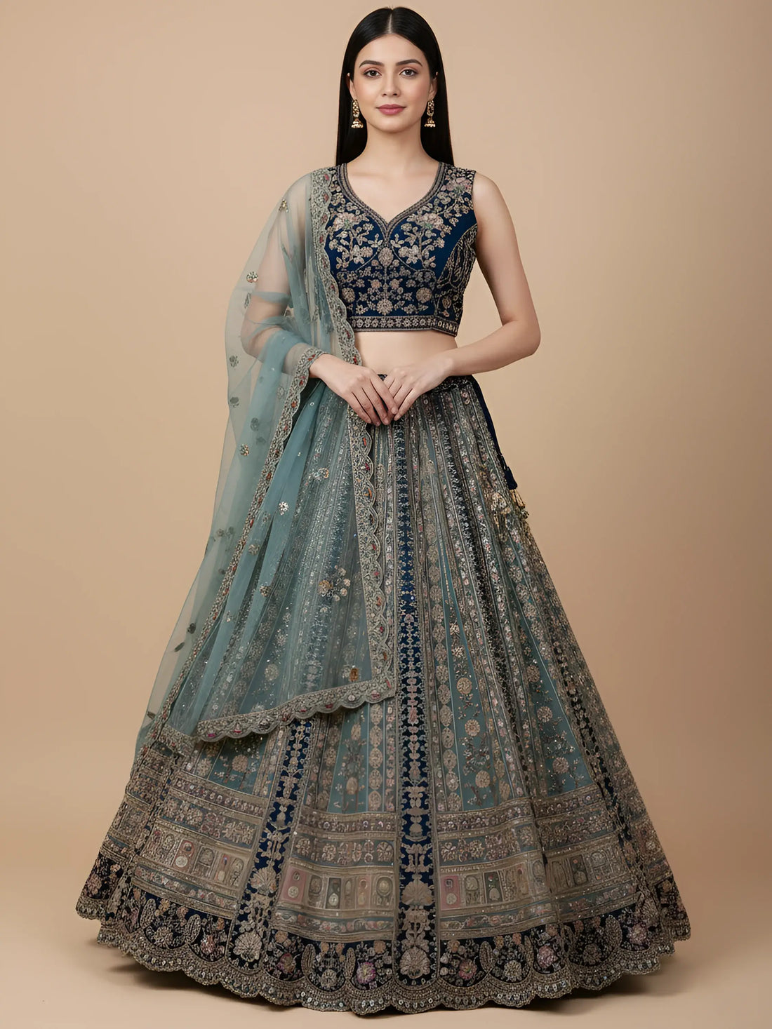 Beautiful Teal Blue Dori Embroidered Net Lehenga Choli With Dupatta
