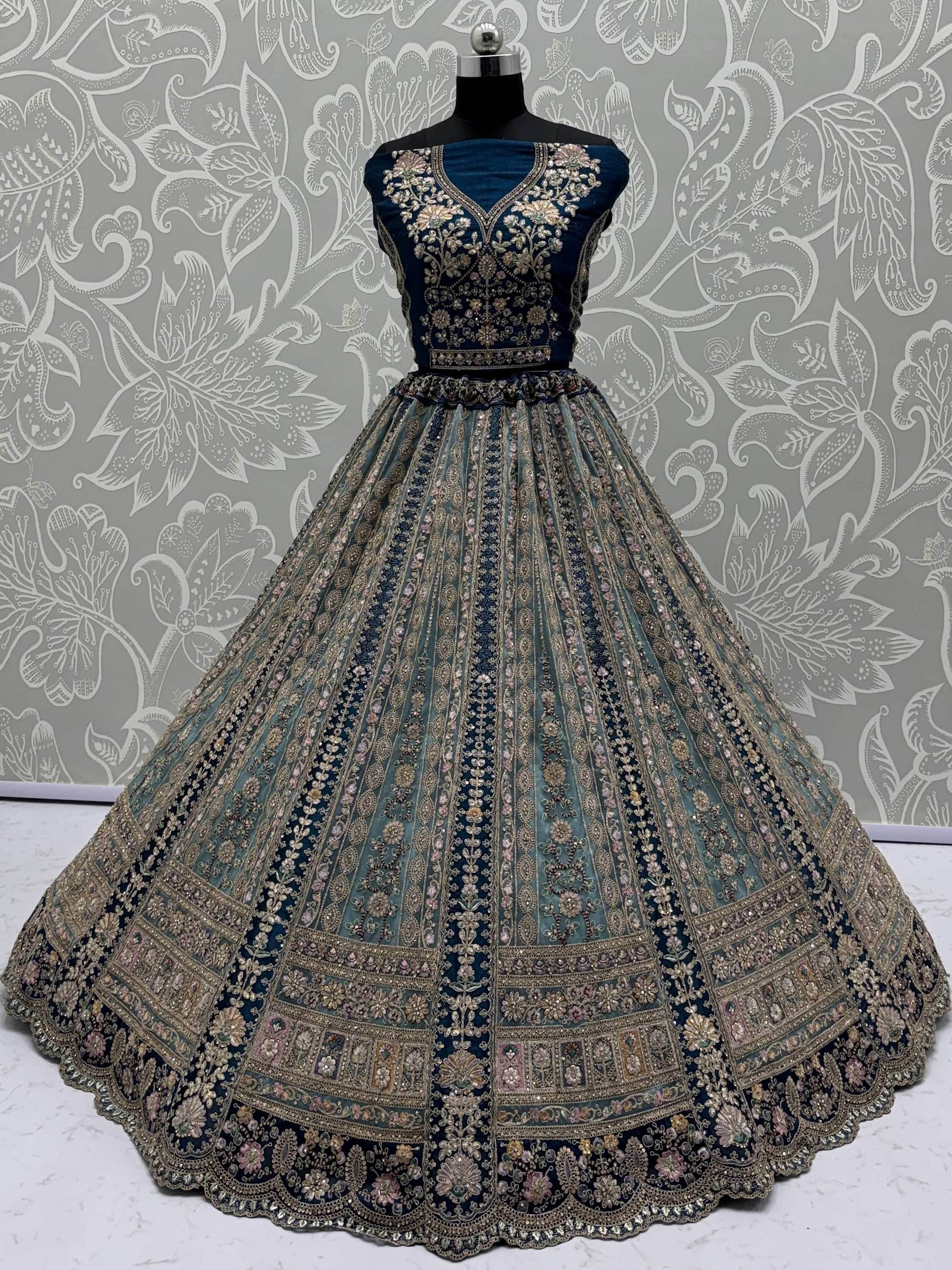 Beautiful Teal Blue Dori Embroidered Net Lehenga Choli With Dupatta