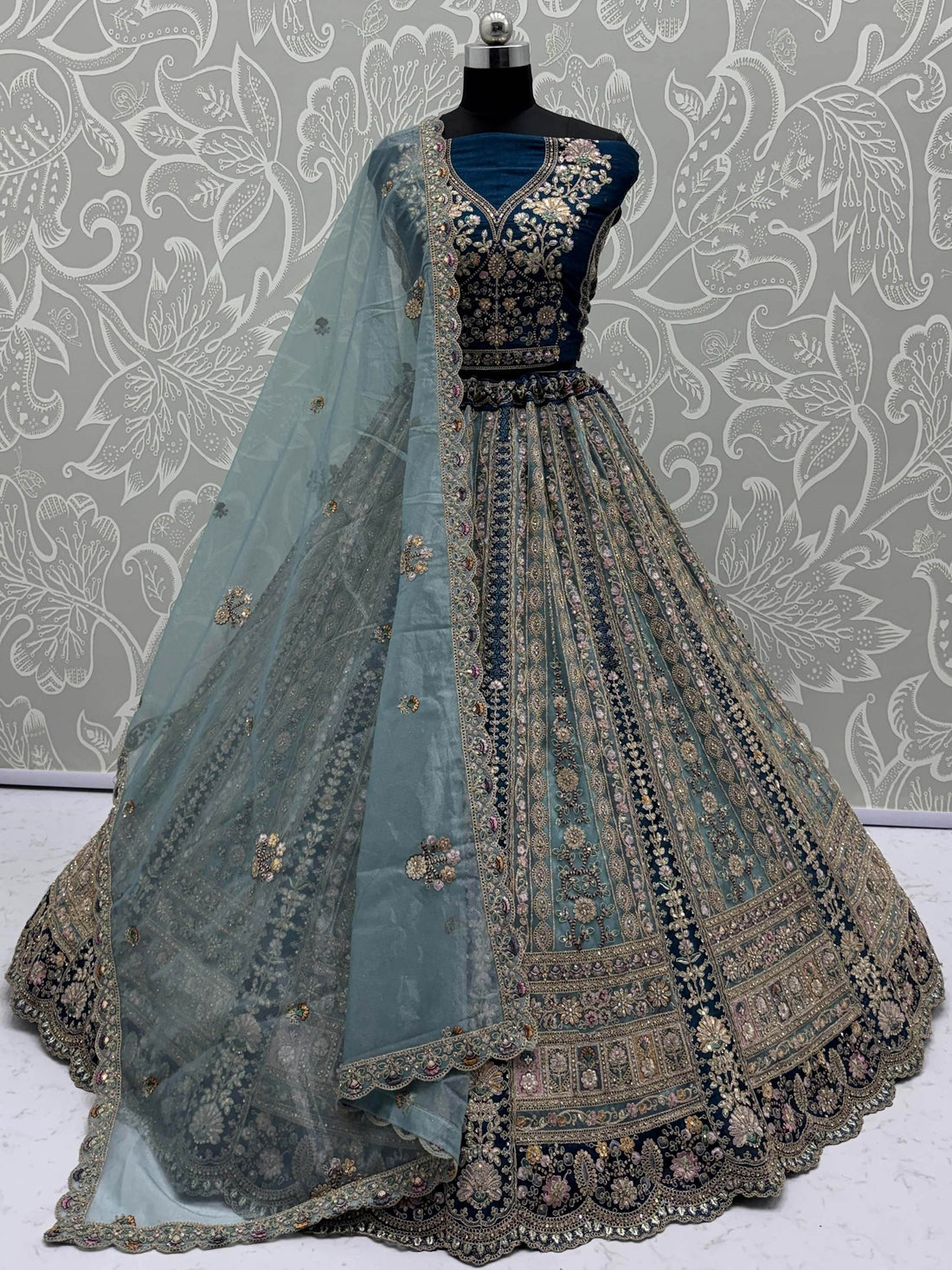 Beautiful Teal Blue Dori Embroidered Net Lehenga Choli With Dupatta