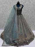 Beautiful Teal Blue Dori Embroidered Net Lehenga Choli With Dupatta