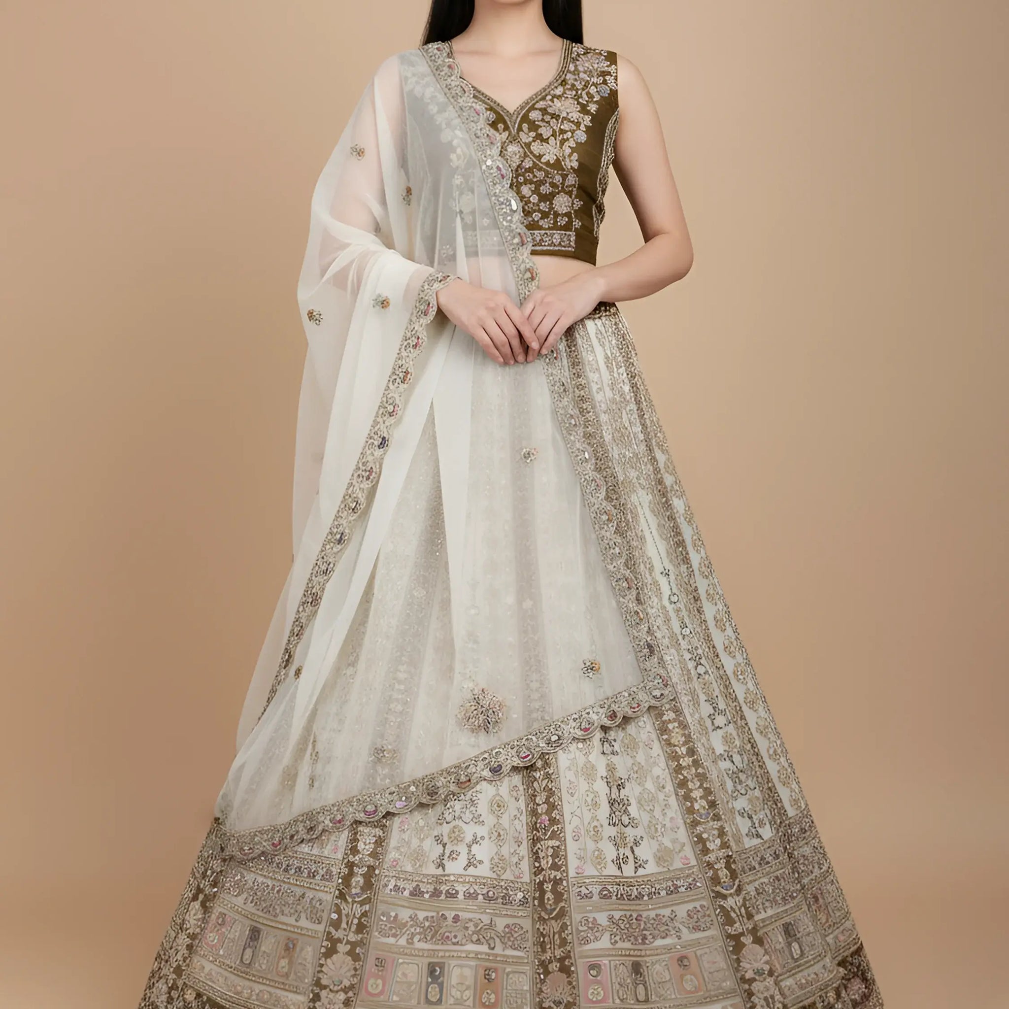 Classy Off-White Floral Embroidered Net Traditional Lehenga Choli