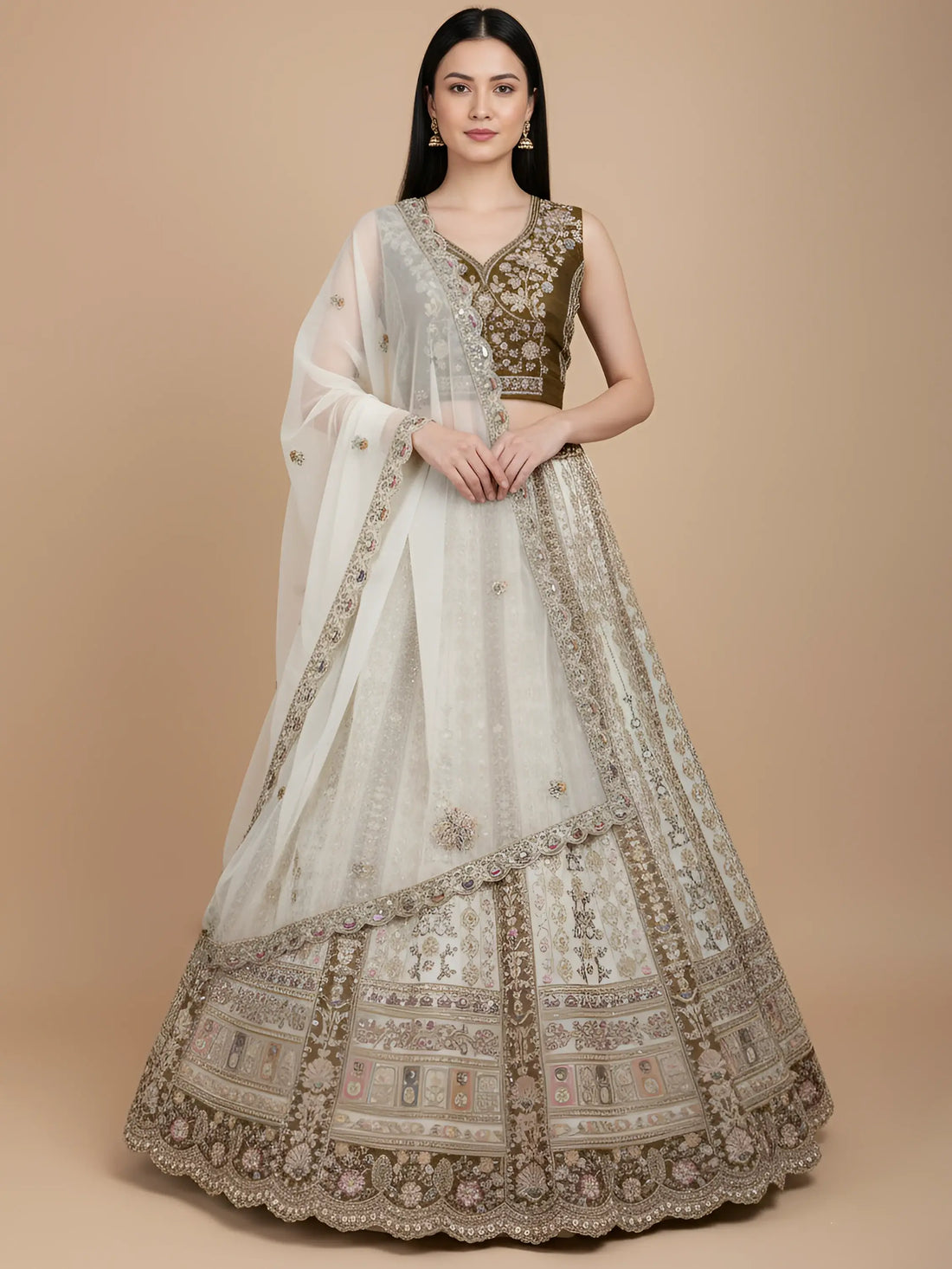 Classy Off-White Floral Embroidered Net Traditional Lehenga Choli