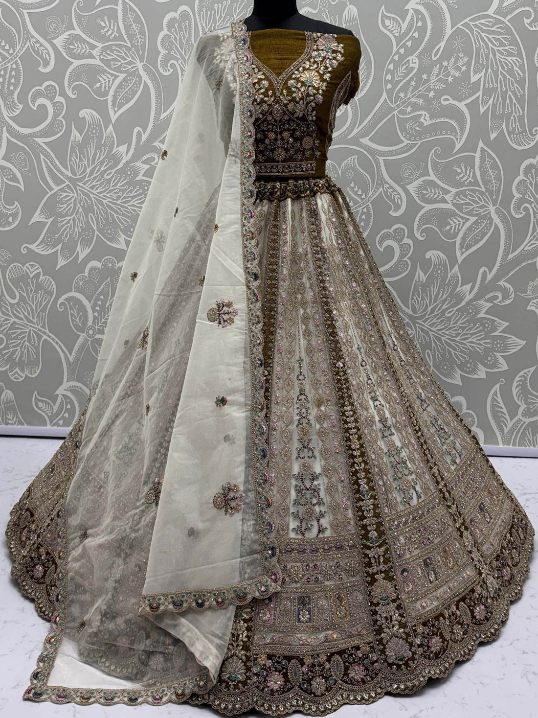 Classy Off-White Floral Embroidered Net Traditional Lehenga Choli