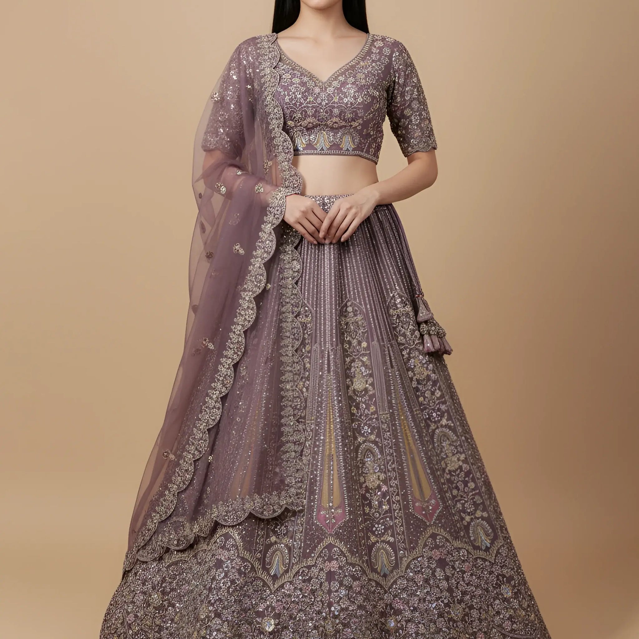 Excellent Mauve Thread Embroidery Net Reception Wear Lehenga Choli With Dupatta