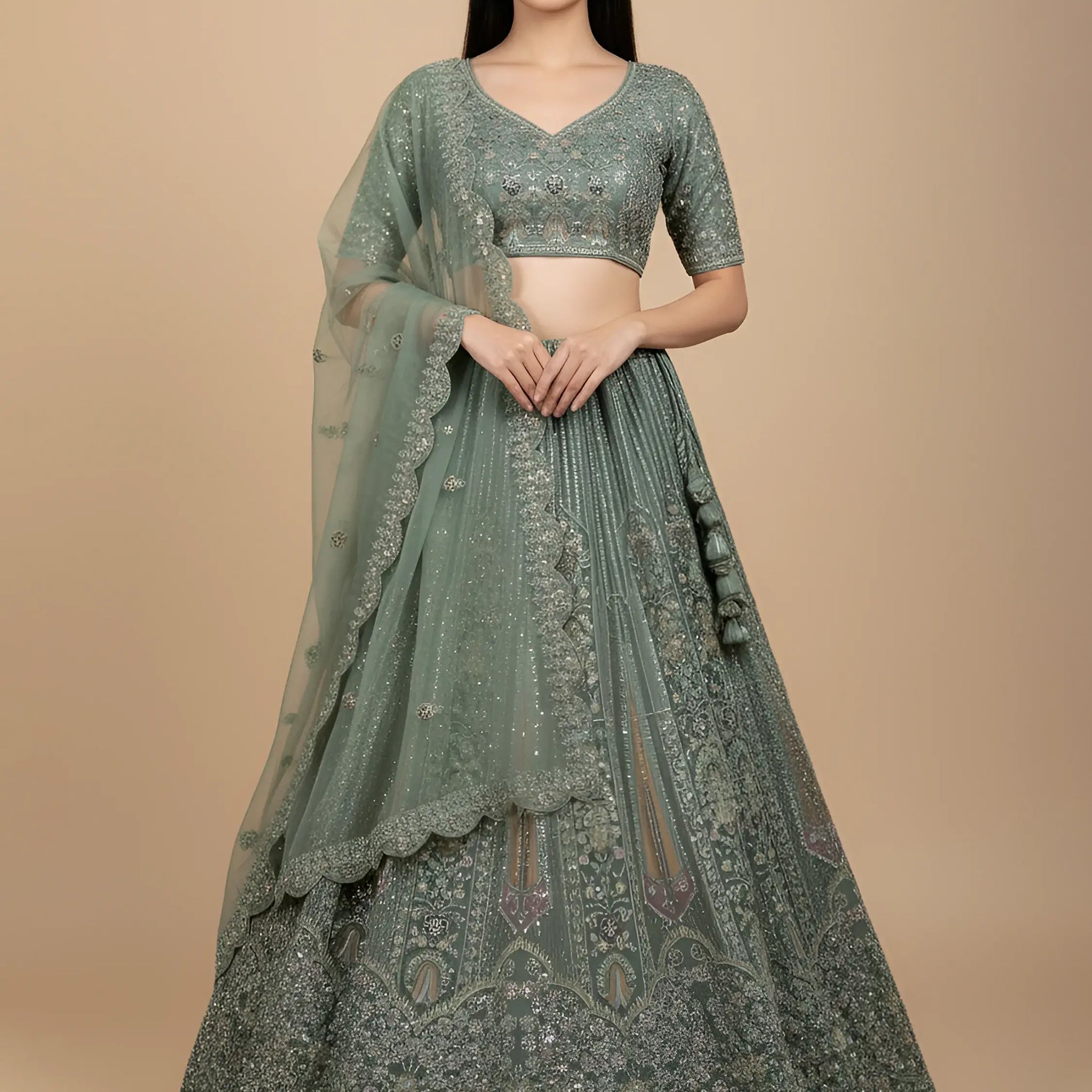 Attractive Green Zircon Work Net Bridesmaid Lehenga With Blouse