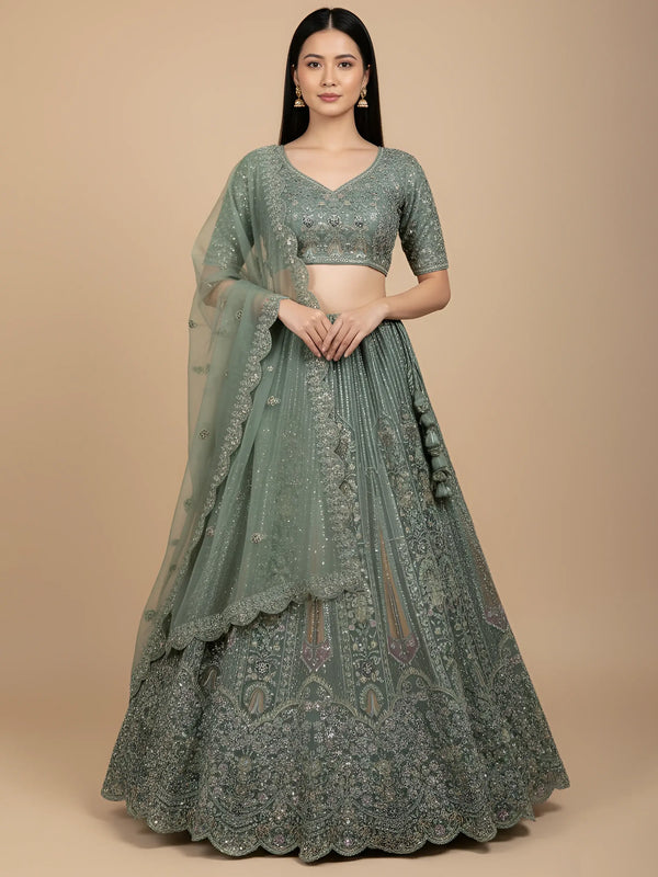 Attractive Green Zircon Work Net Bridesmaid Lehenga With Blouse