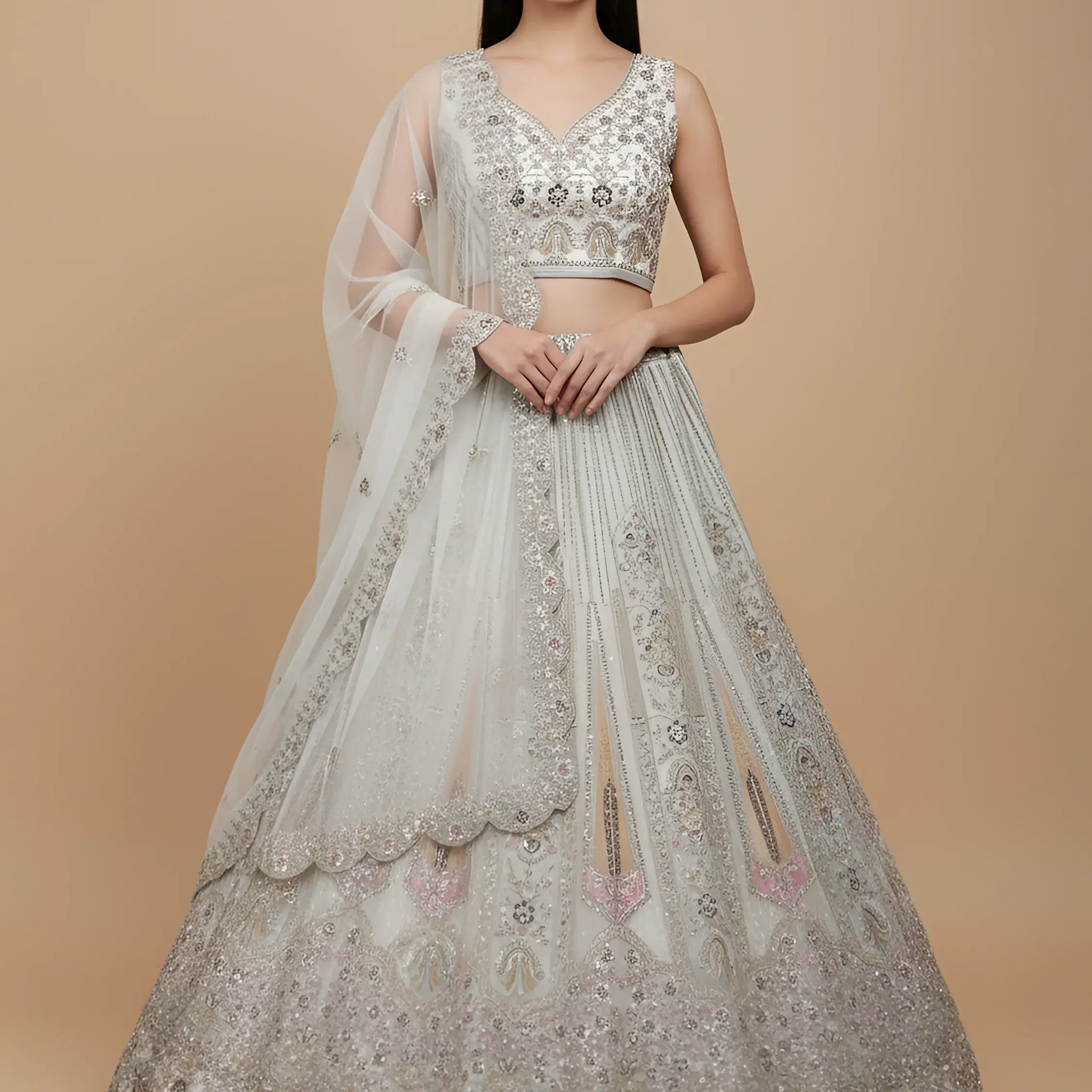 Outstanding White Dori Work Net Event Wear Lehenga Choli With Dupatta