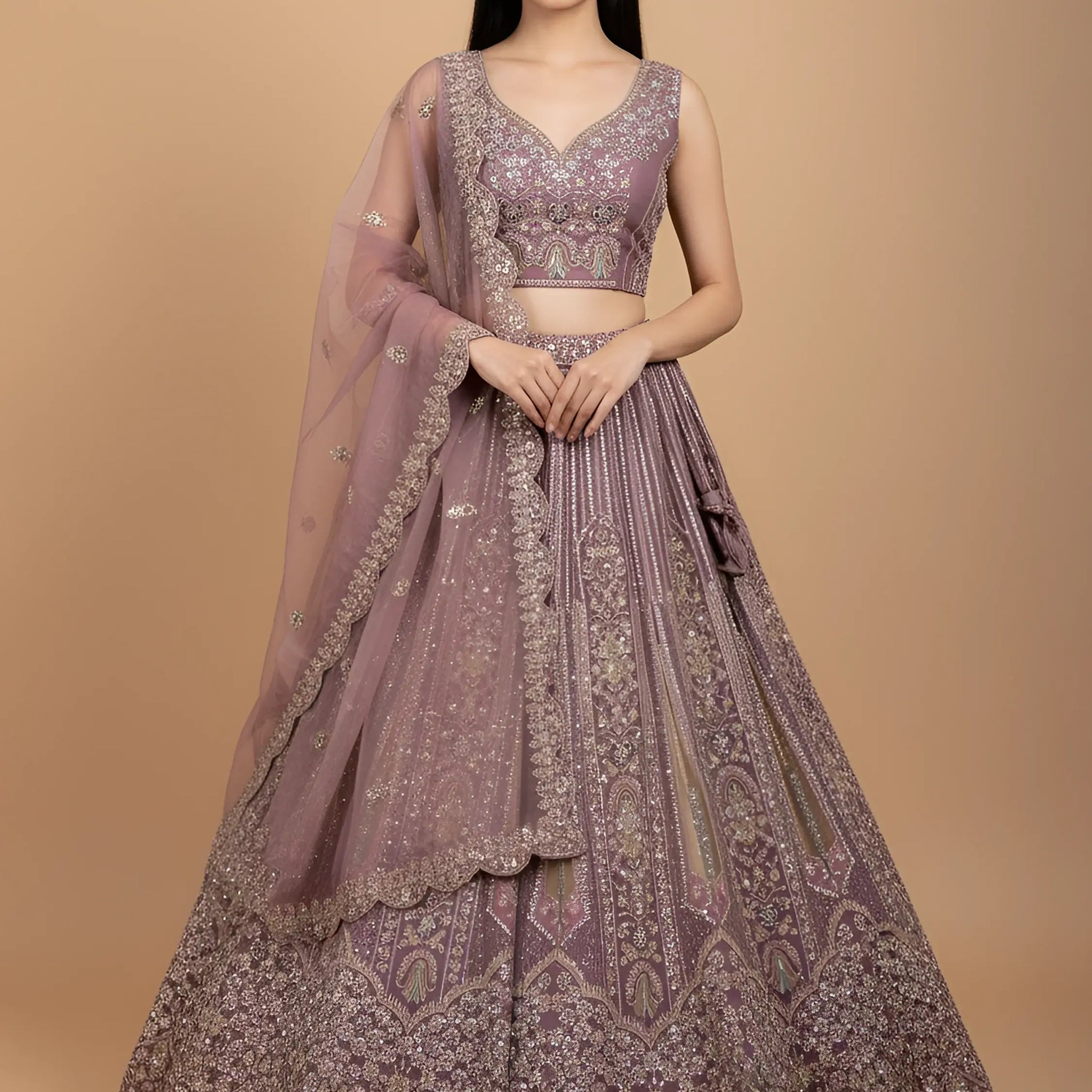 Regal Mauve Thread Embroidery Net Engagement Wear Lehenga Choli
