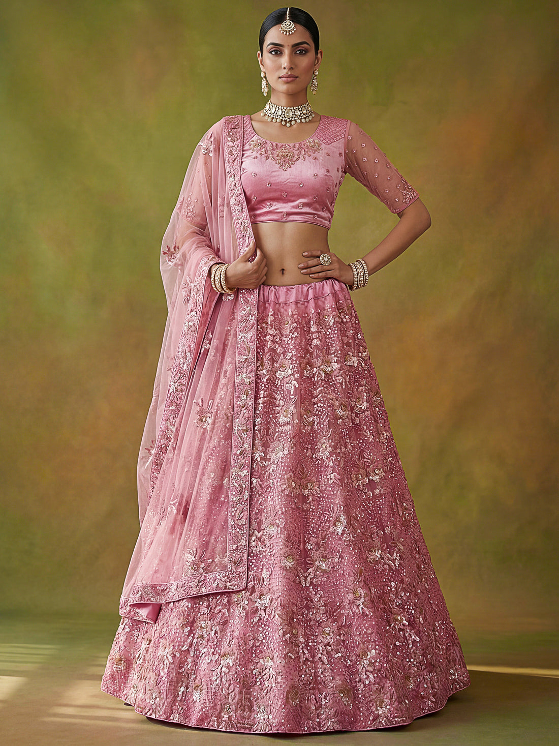 Sparkling Pink Thread Work Net Wedding Lehenga Choli With Dupatta