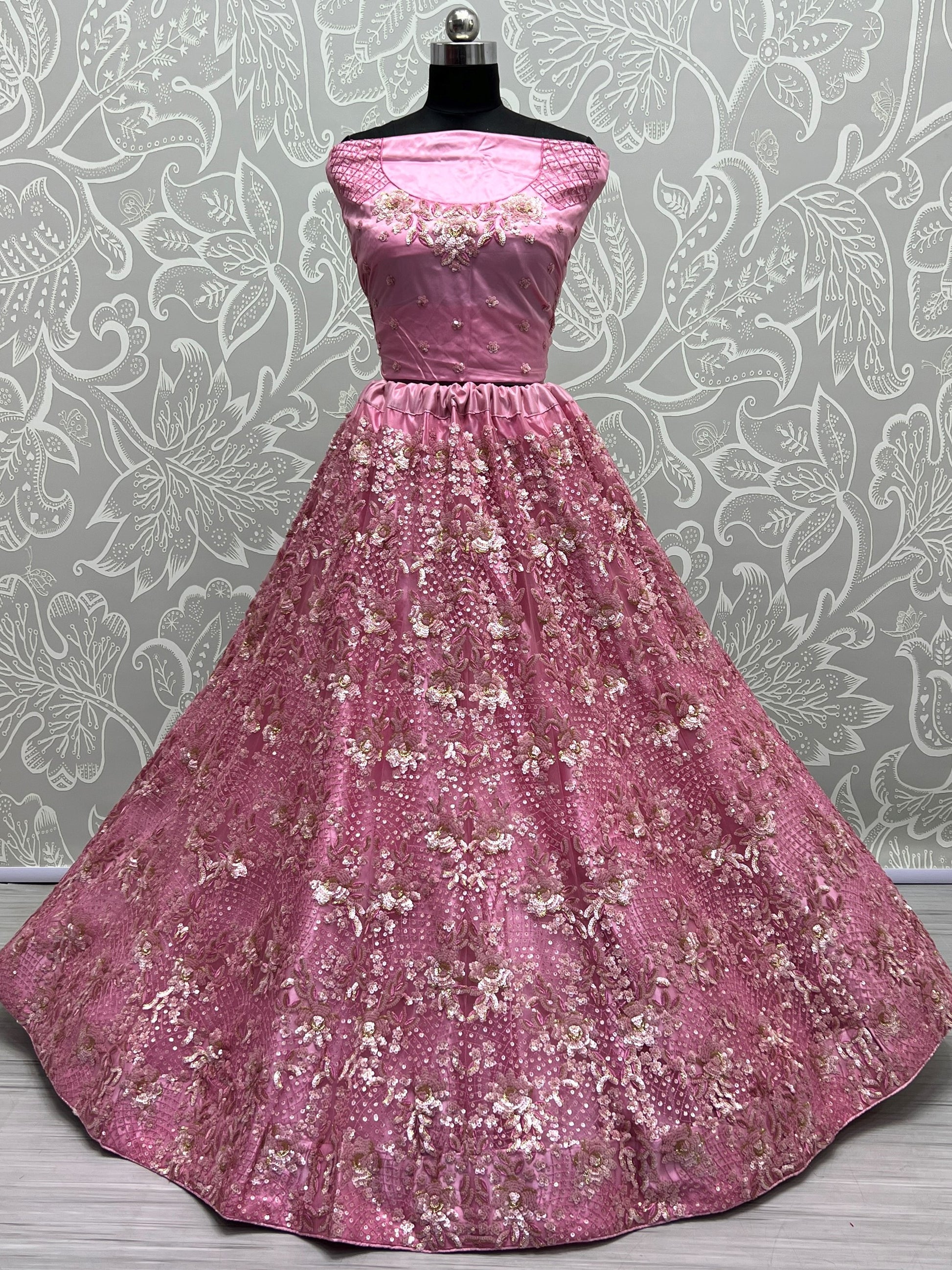 Sparkling Pink Thread Work Net Wedding Lehenga Choli With Dupatta