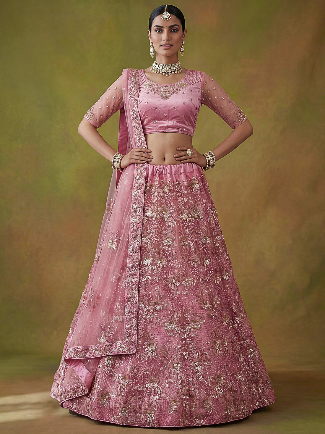 Sparkling Pink Thread Work Net Wedding Lehenga Choli With Dupatta
