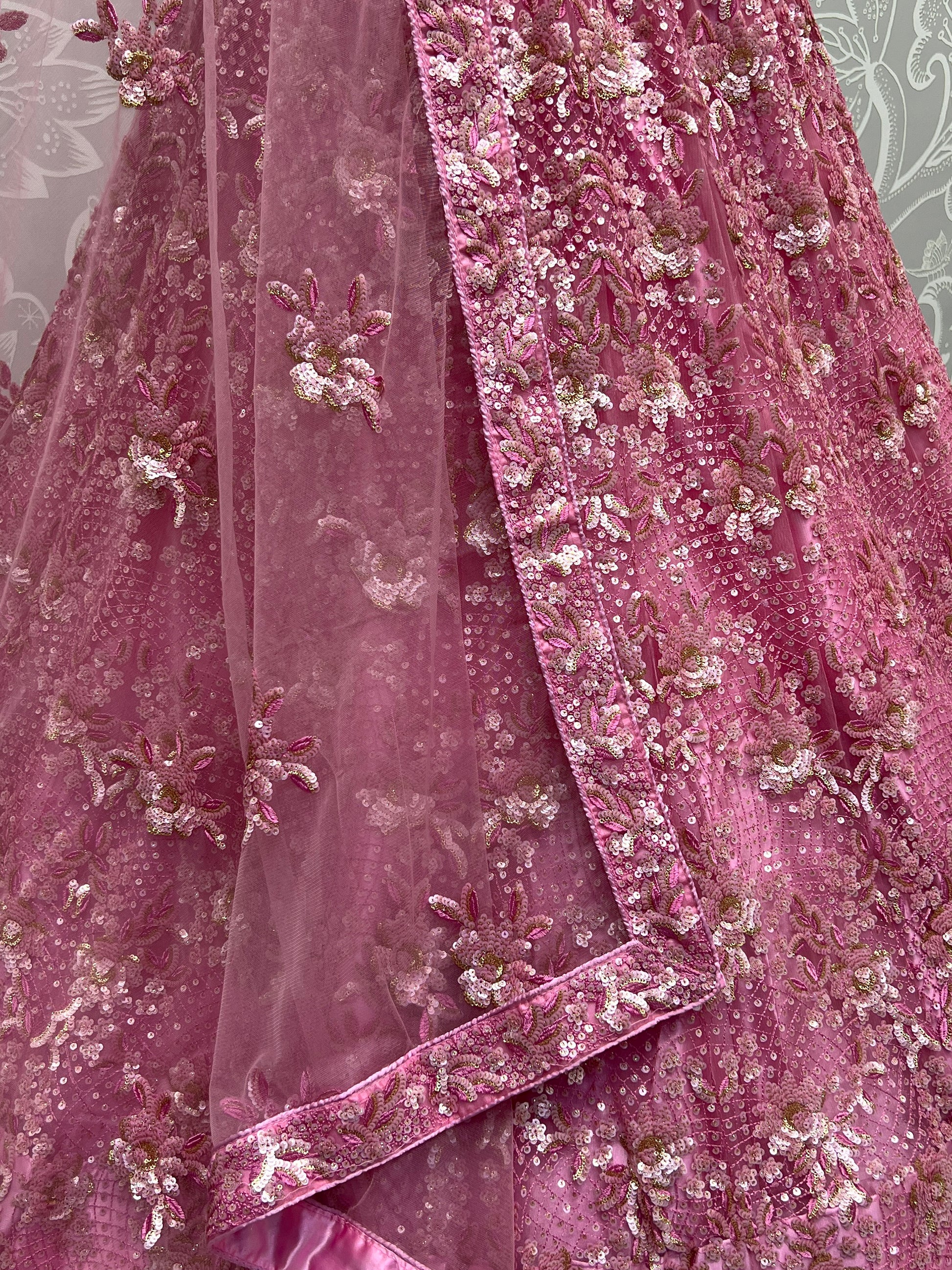 Sparkling Pink Thread Work Net Wedding Lehenga Choli With Dupatta