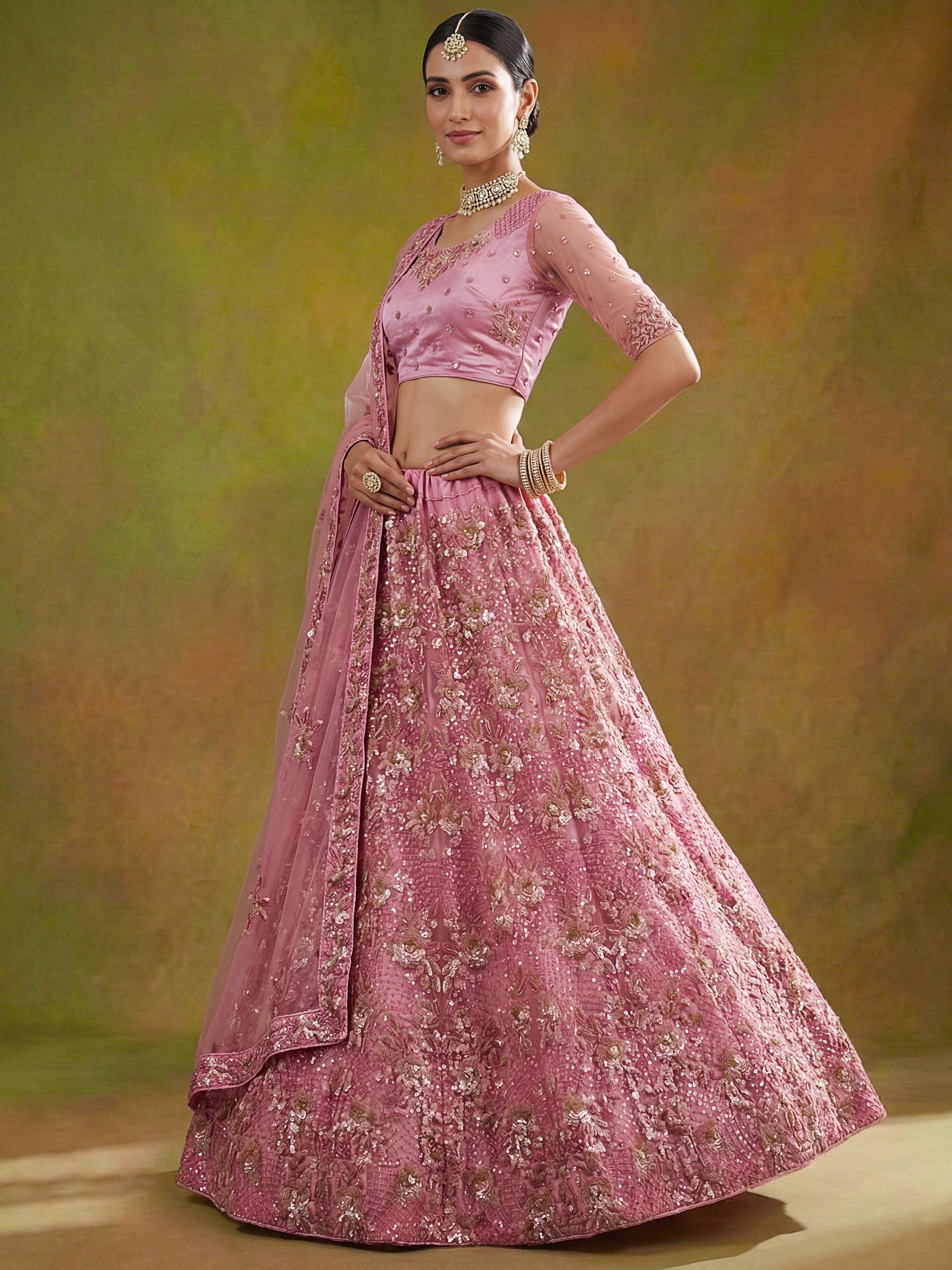 Sparkling Pink Thread Work Net Wedding Lehenga Choli With Dupatta