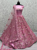 Sparkling Pink Thread Work Net Wedding Lehenga Choli With Dupatta