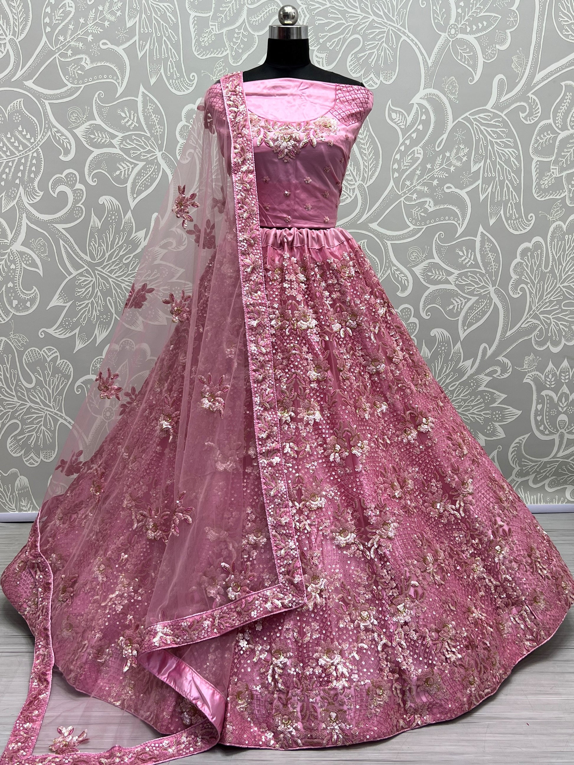 Sparkling Pink Thread Work Net Wedding Lehenga Choli With Dupatta