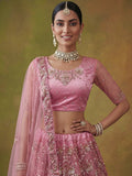 Sparkling Pink Thread Work Net Wedding Lehenga Choli With Dupatta