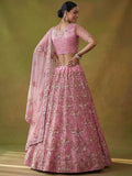 Sparkling Pink Thread Work Net Wedding Lehenga Choli With Dupatta