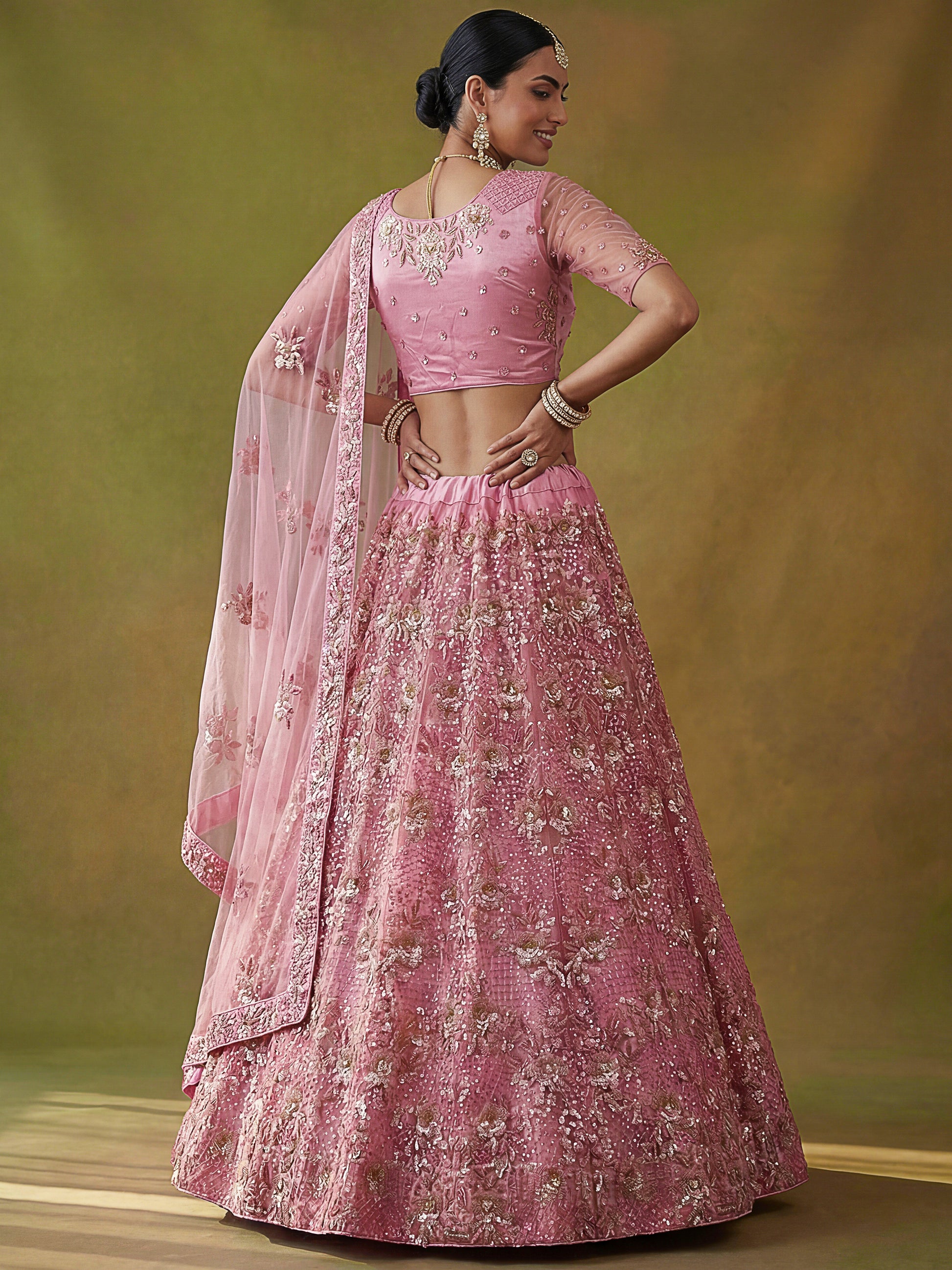 Sparkling Pink Thread Work Net Wedding Lehenga Choli With Dupatta
