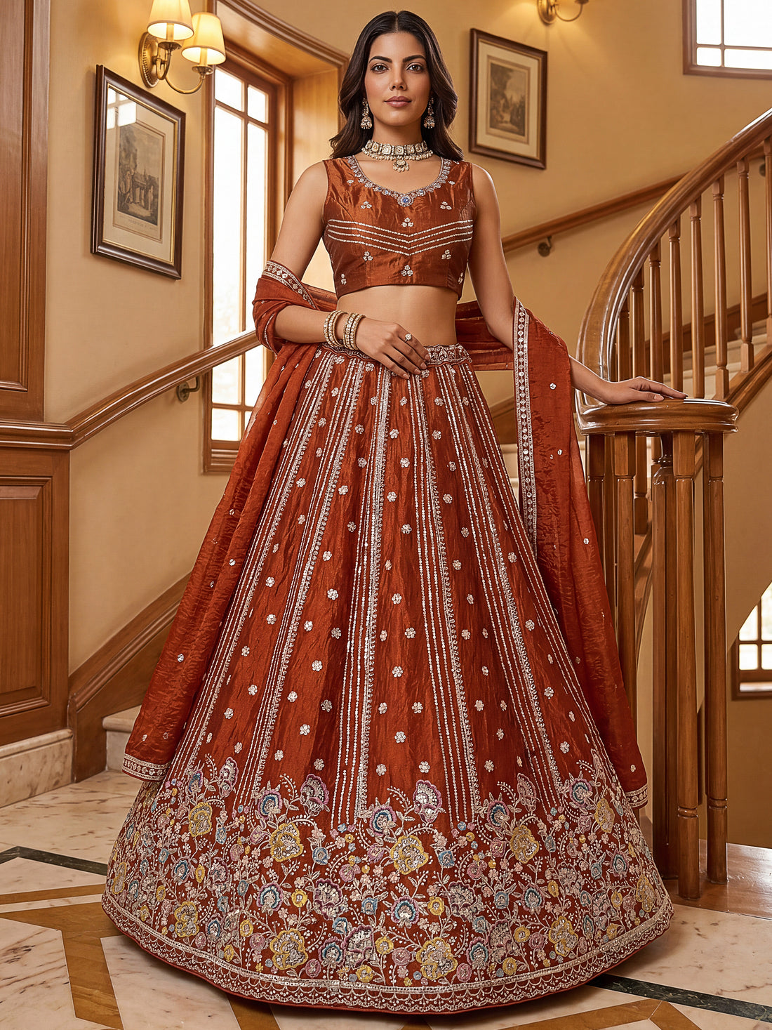 Attractive Rust Orange Floral Embroidered Organza Lehenga Choli