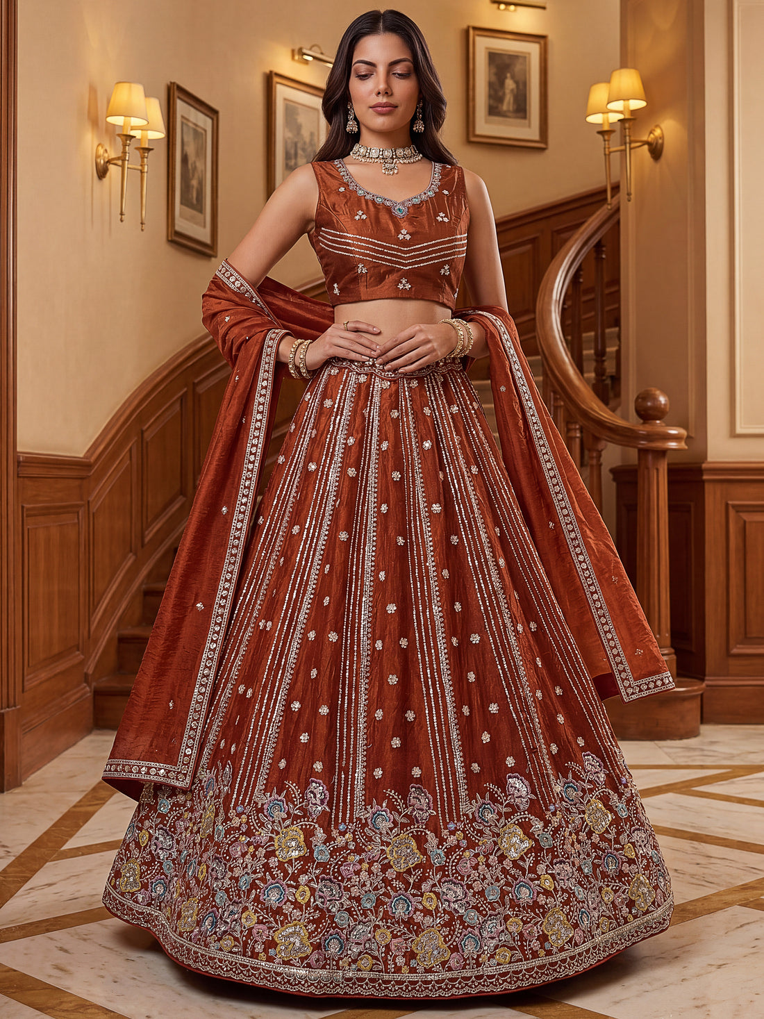 Attractive Rust Orange Floral Embroidered Organza Lehenga Choli