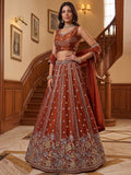 Attractive Rust Orange Floral Embroidered Organza Lehenga Choli