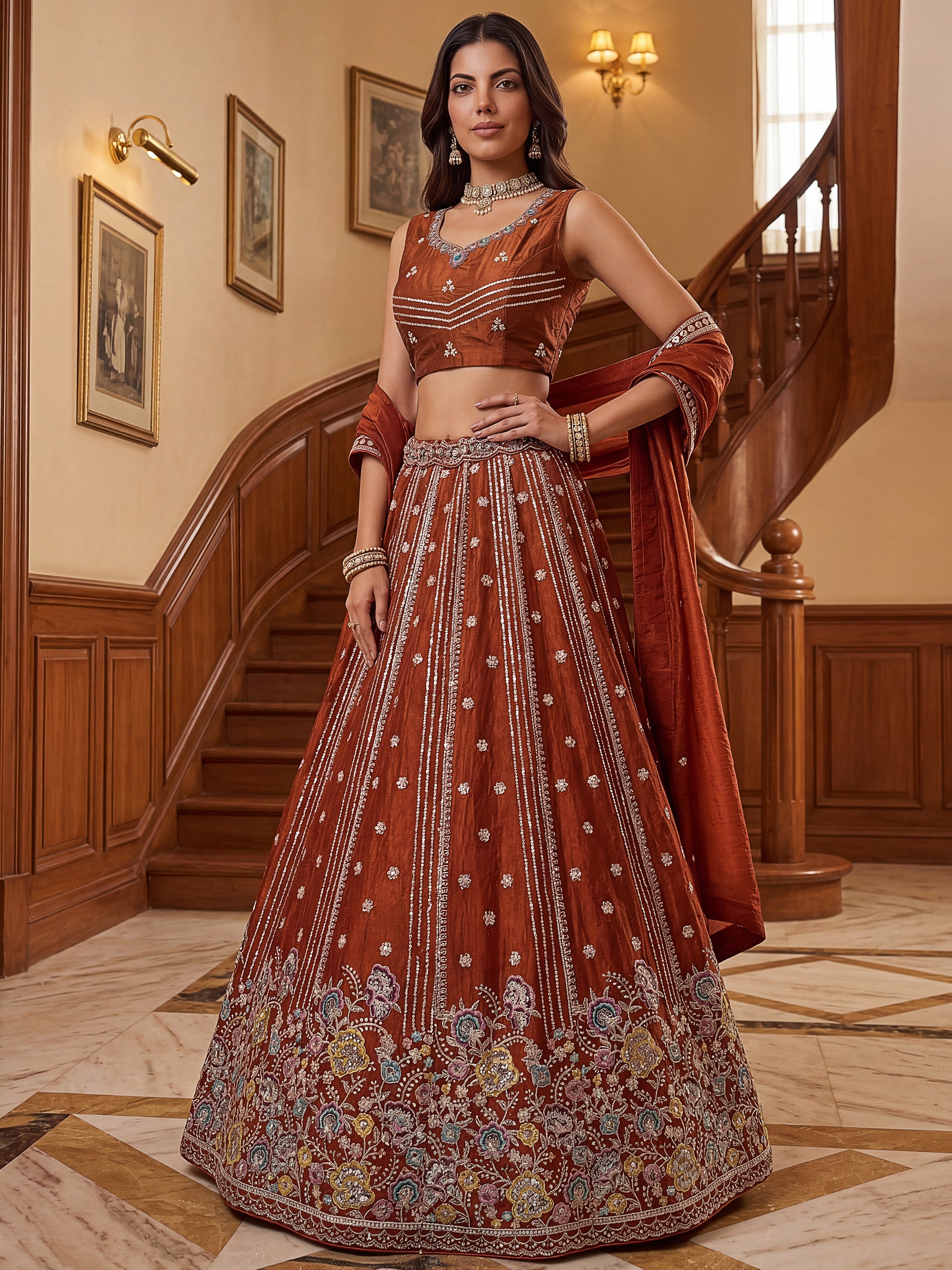 Attractive Rust Orange Floral Embroidered Organza Lehenga Choli