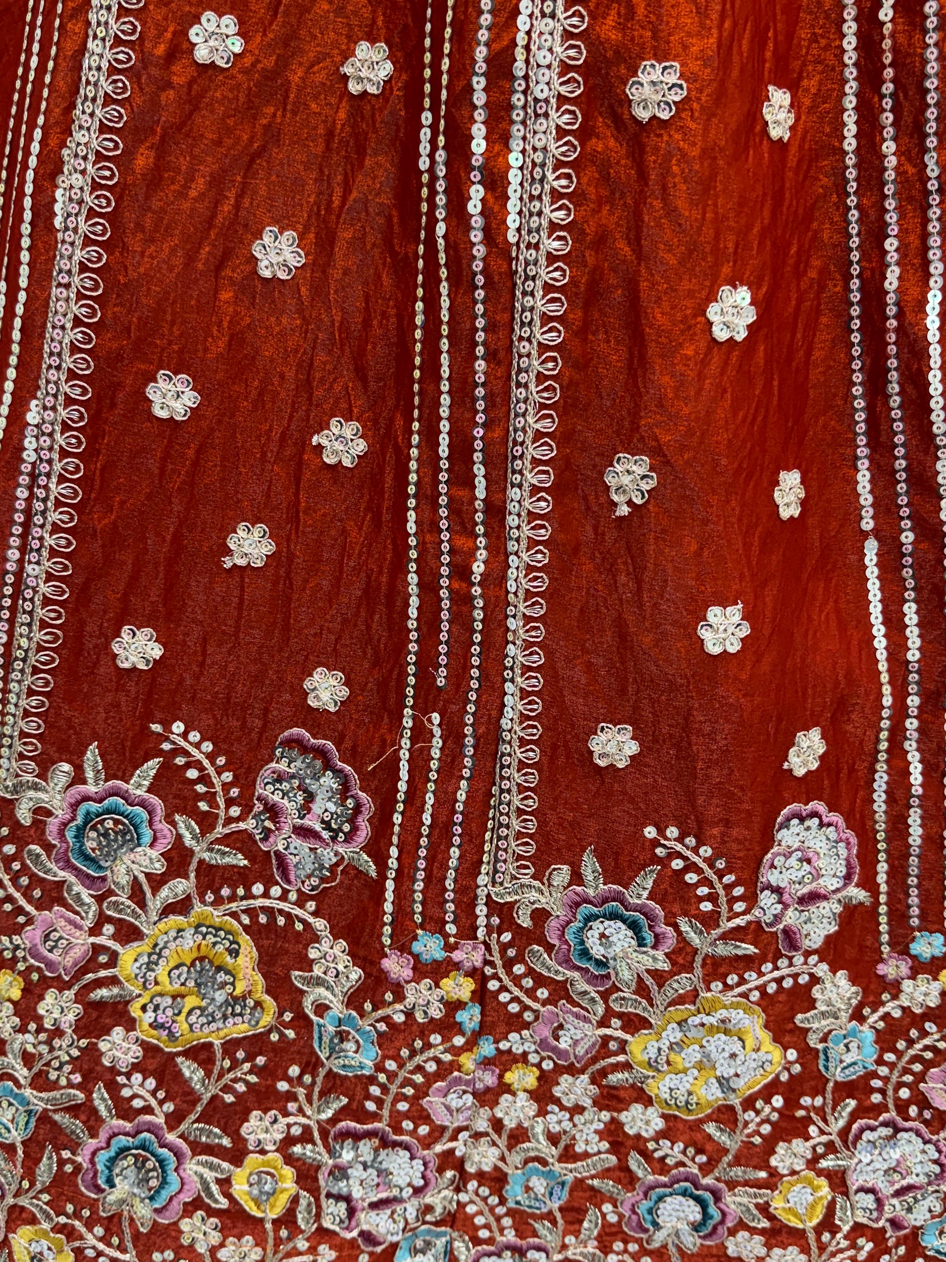 Attractive Rust Orange Floral Embroidered Organza Lehenga Choli