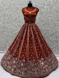 Attractive Rust Orange Floral Embroidered Organza Lehenga Choli