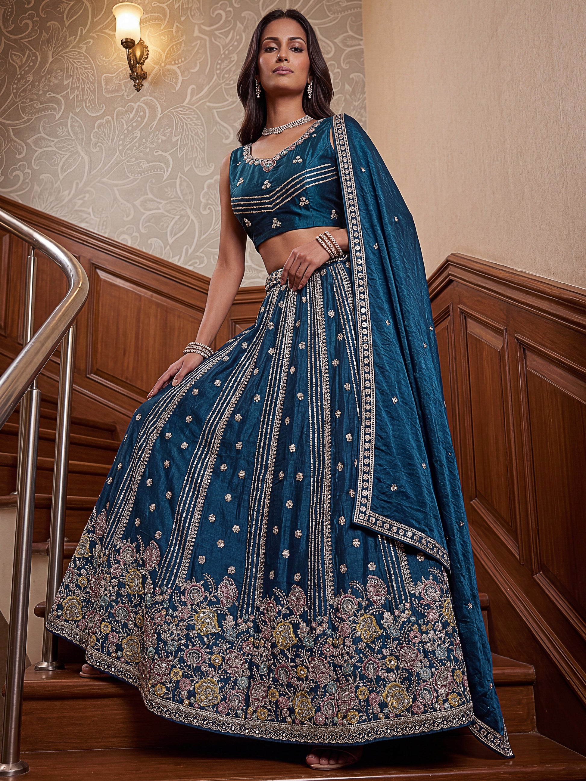 Awesome Teal Blue Dori Work Organza Engagement Wear Lehenga Choli