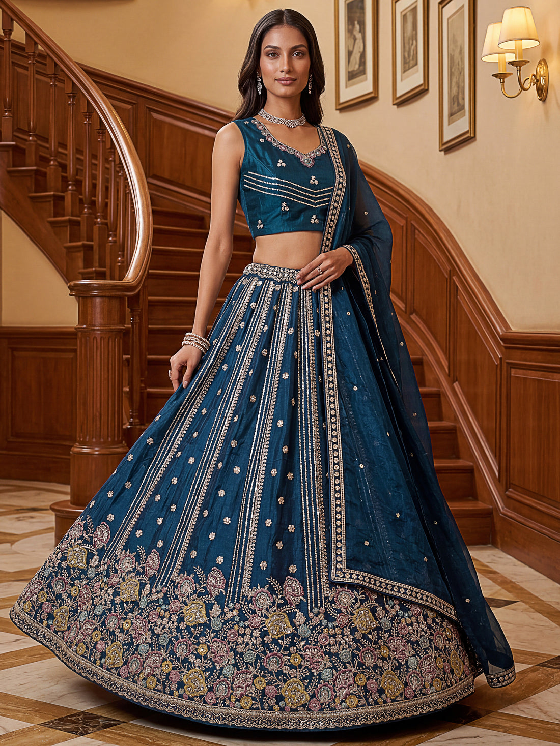 Awesome Teal Blue Dori Work Organza Engagement Wear Lehenga Choli