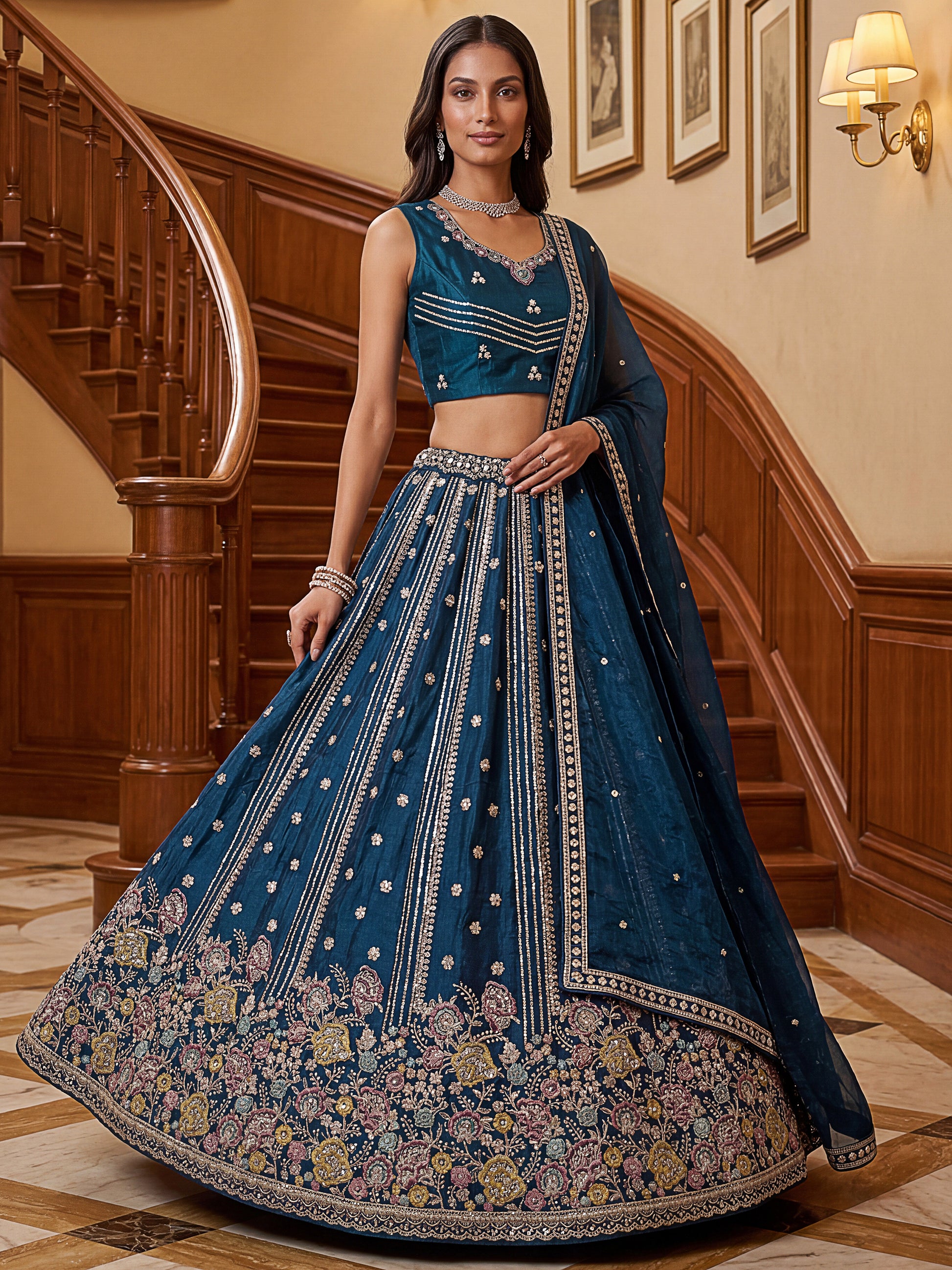 Awesome Teal Blue Dori Work Organza Engagement Wear Lehenga Choli