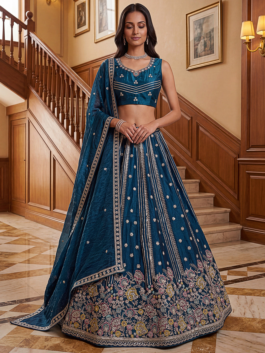 Awesome Teal Blue Dori Work Organza Engagement Wear Lehenga Choli
