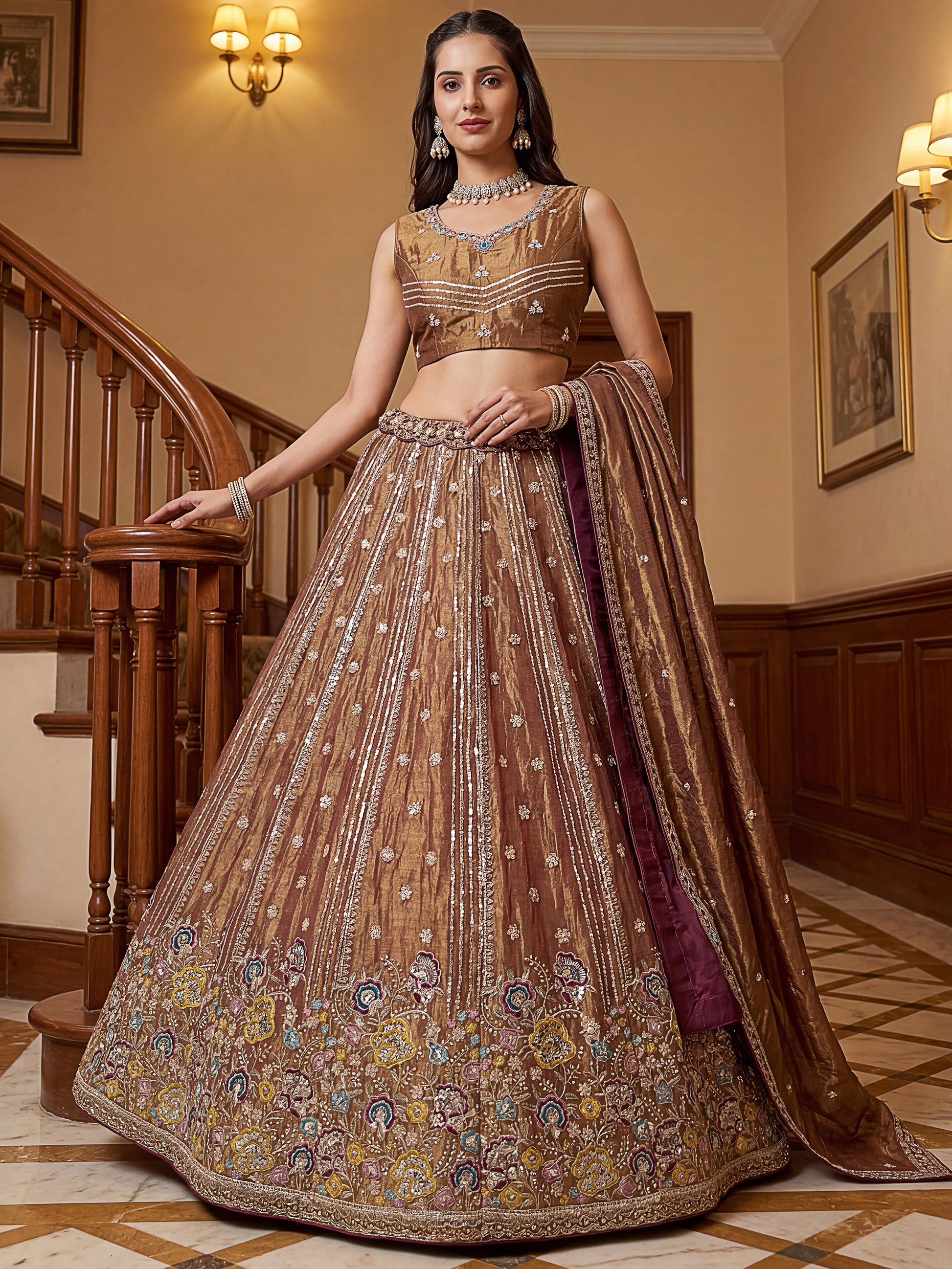 Rich Brown Thread Work Organza Wedding Lehenga Choli With Dupatta