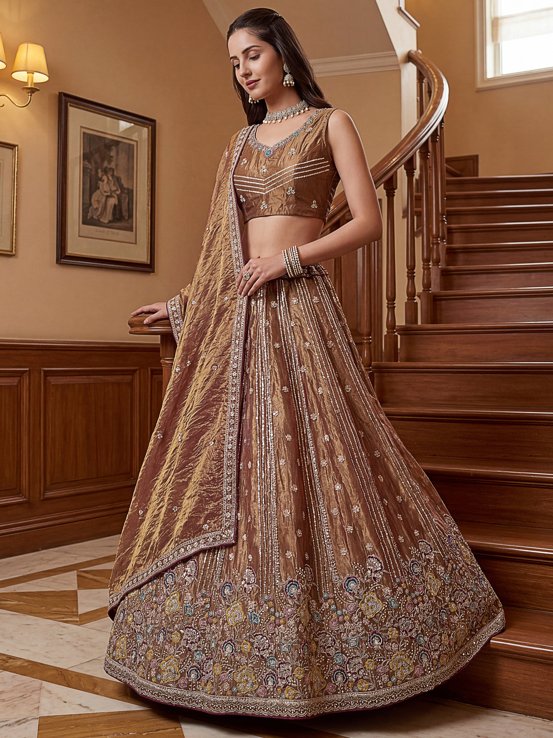 Rich Brown Thread Work Organza Wedding Lehenga Choli With Dupatta