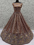 Rich Brown Thread Work Organza Wedding Lehenga Choli With Dupatta