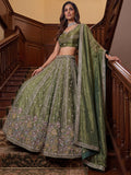 Fantastic Olive Green Sequins Organza Mehendi Wear Lehenga Choli
