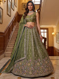 Fantastic Olive Green Sequins Organza Mehendi Wear Lehenga Choli