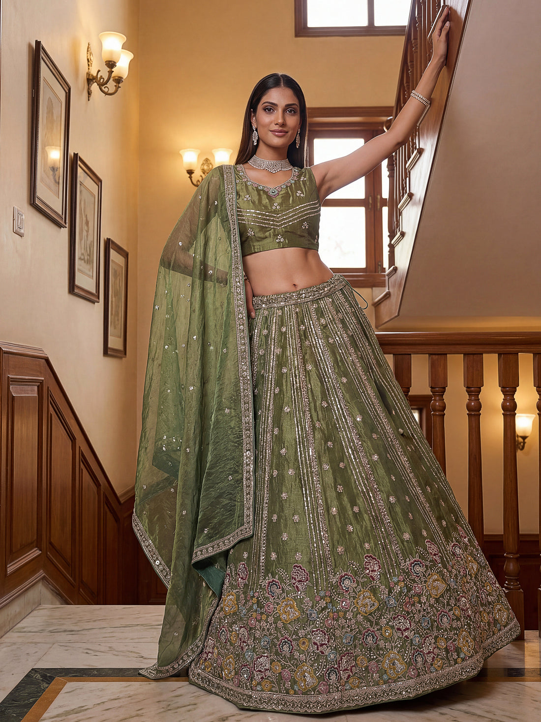 Fantastic Olive Green Sequins Organza Mehendi Wear Lehenga Choli