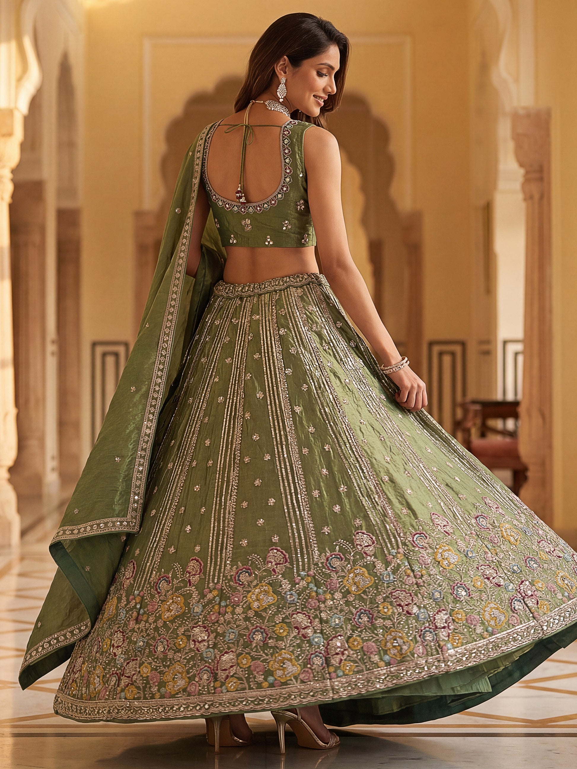 Fantastic Olive Green Sequins Organza Mehendi Wear Lehenga Choli