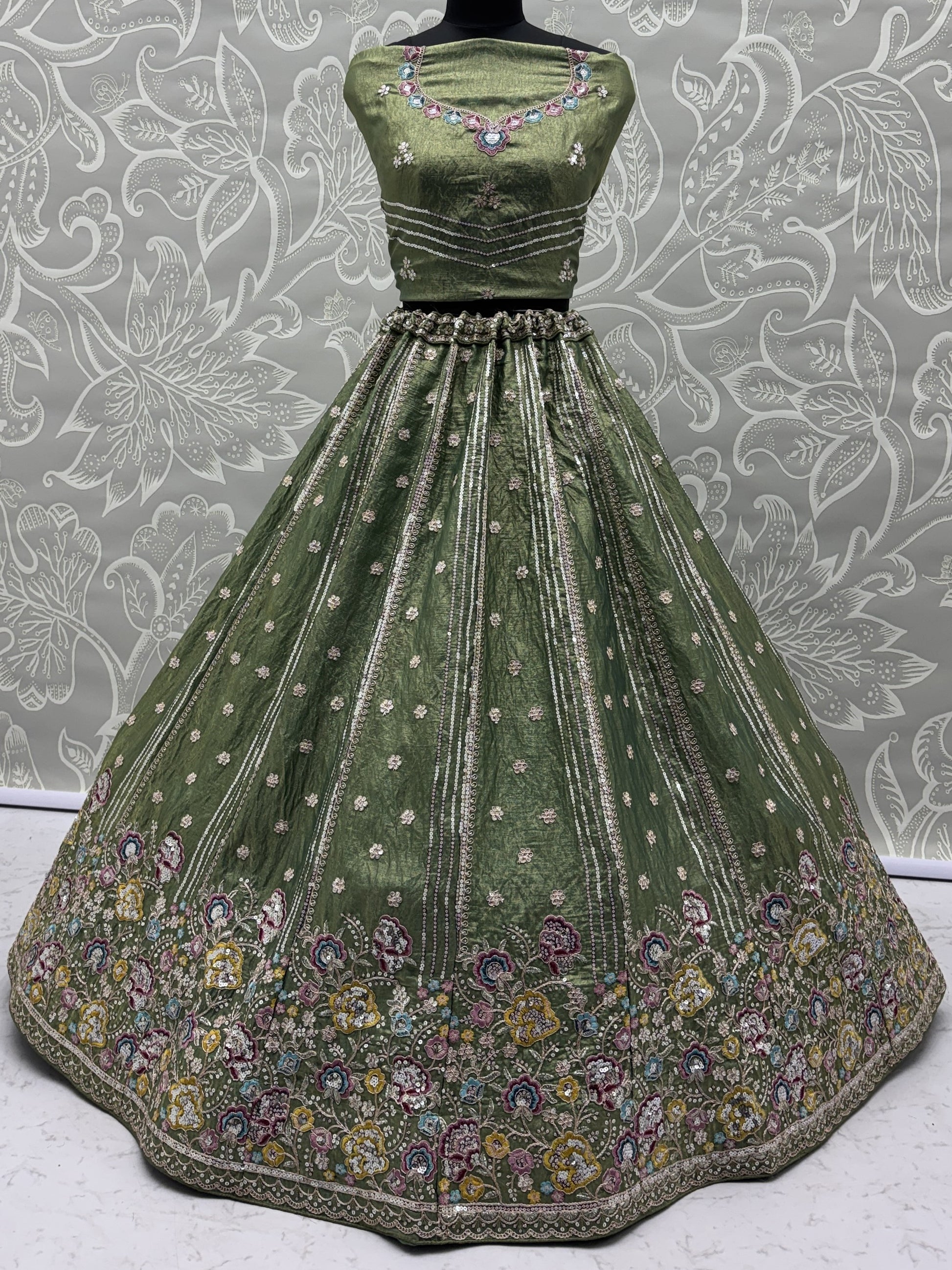 Fantastic Olive Green Sequins Organza Mehendi Wear Lehenga Choli