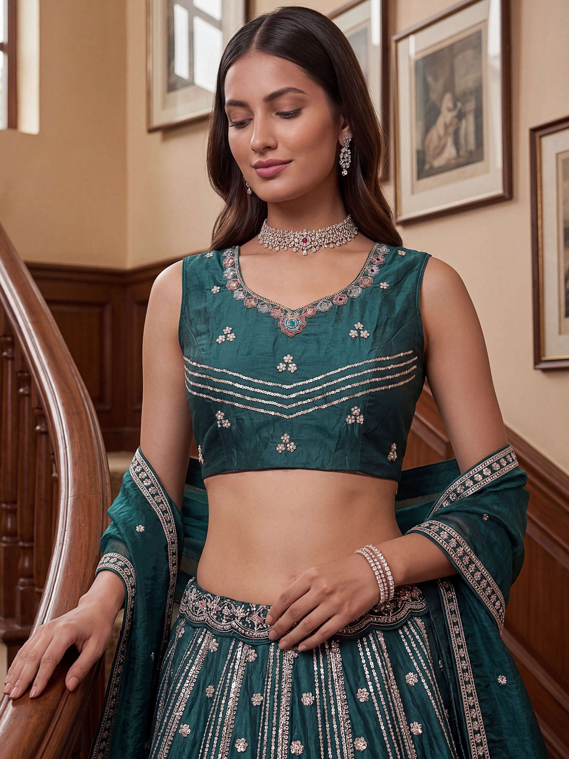 Dazzling Teal Green Embroidered Organza Wedding Lehenga Choli