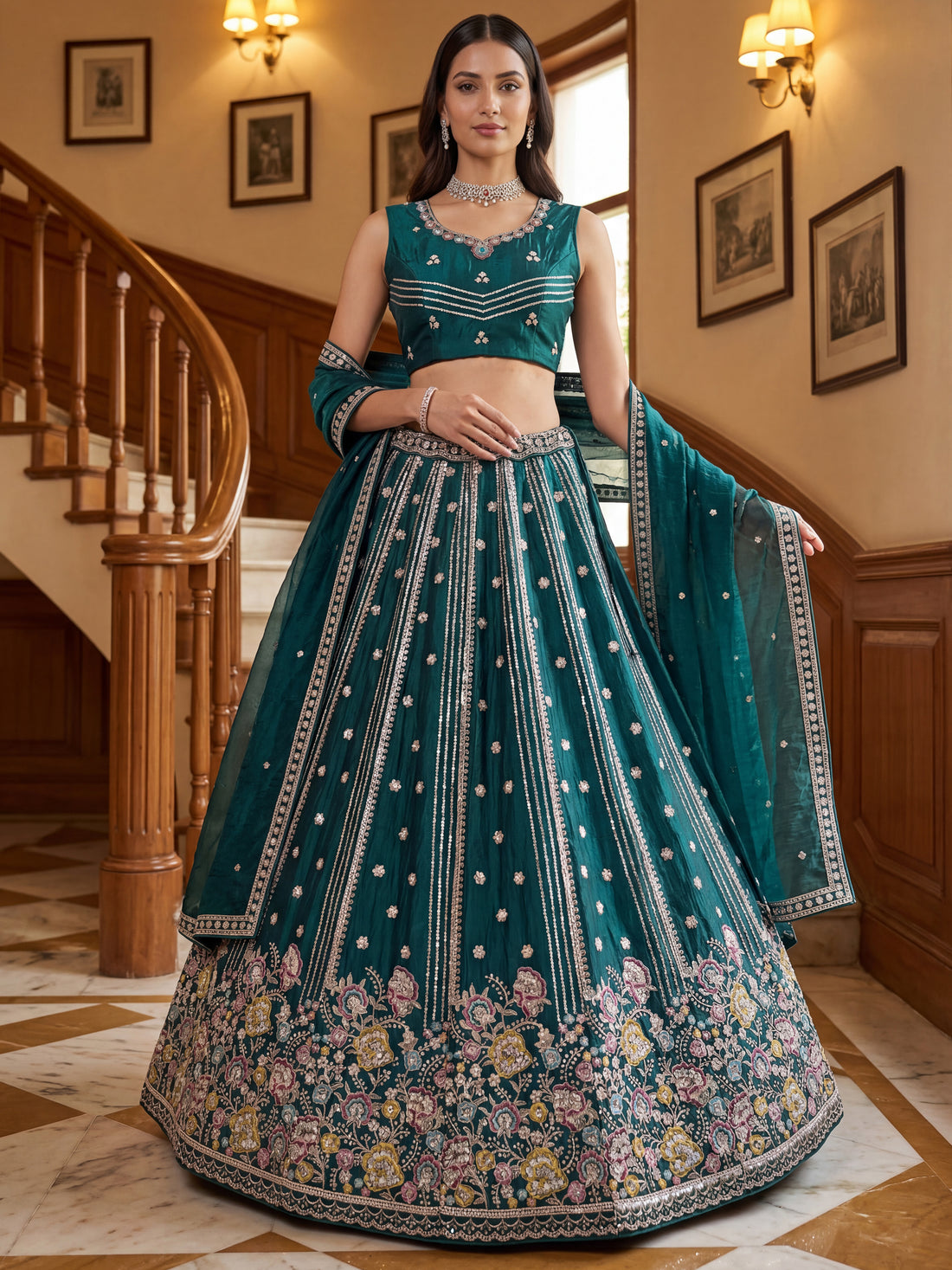 Dazzling Teal Green Embroidered Organza Wedding Lehenga Choli