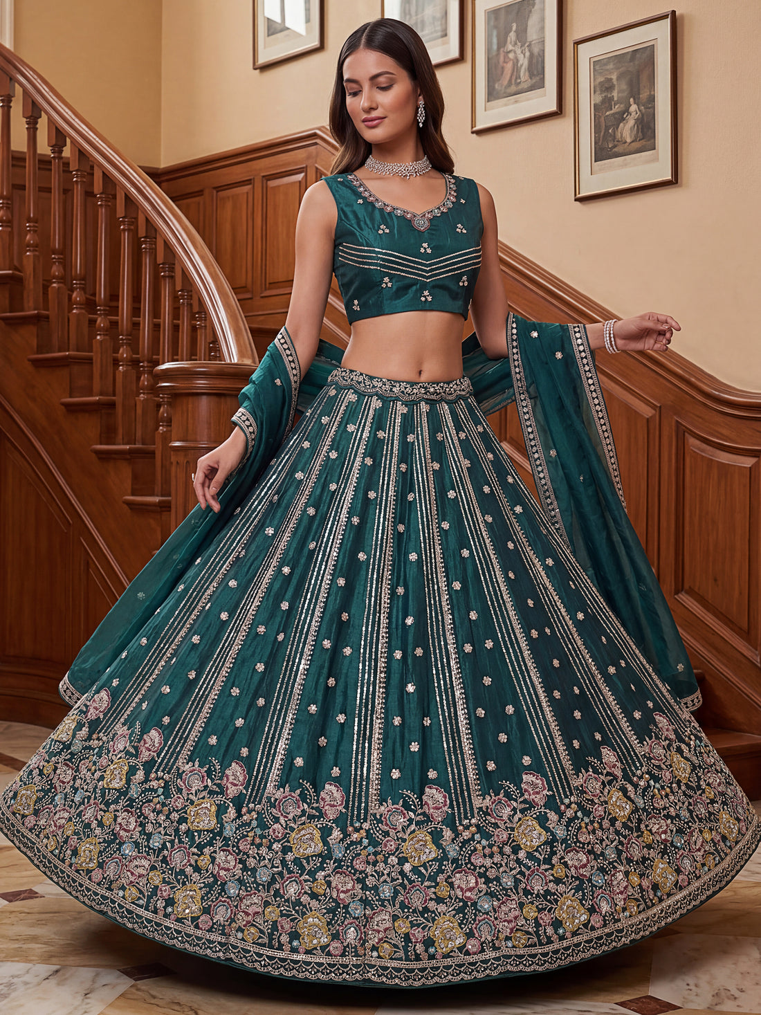 Dazzling Teal Green Embroidered Organza Wedding Lehenga Choli