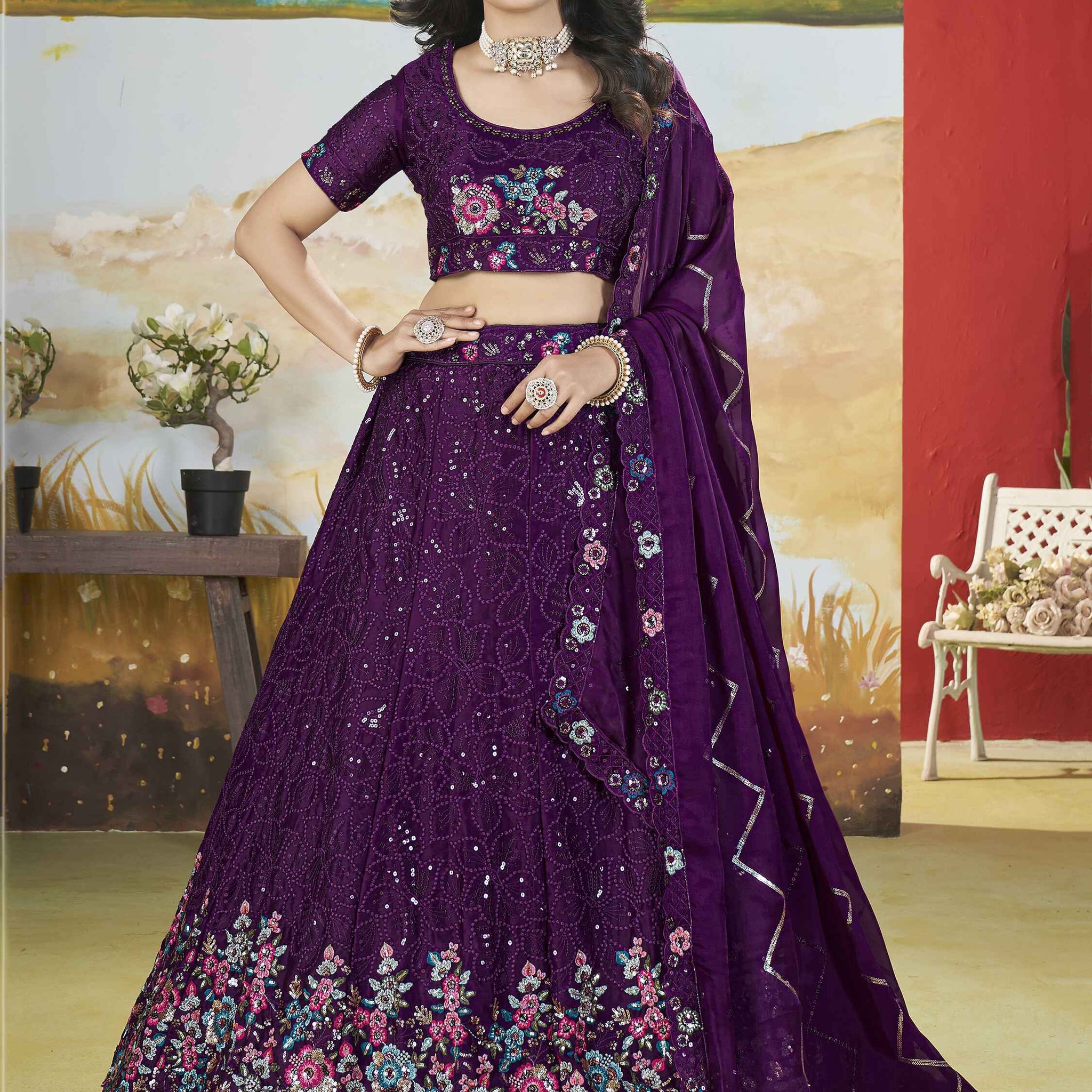 Attractive Purple Sequins Chinon Reception Wear Lehenga Choli