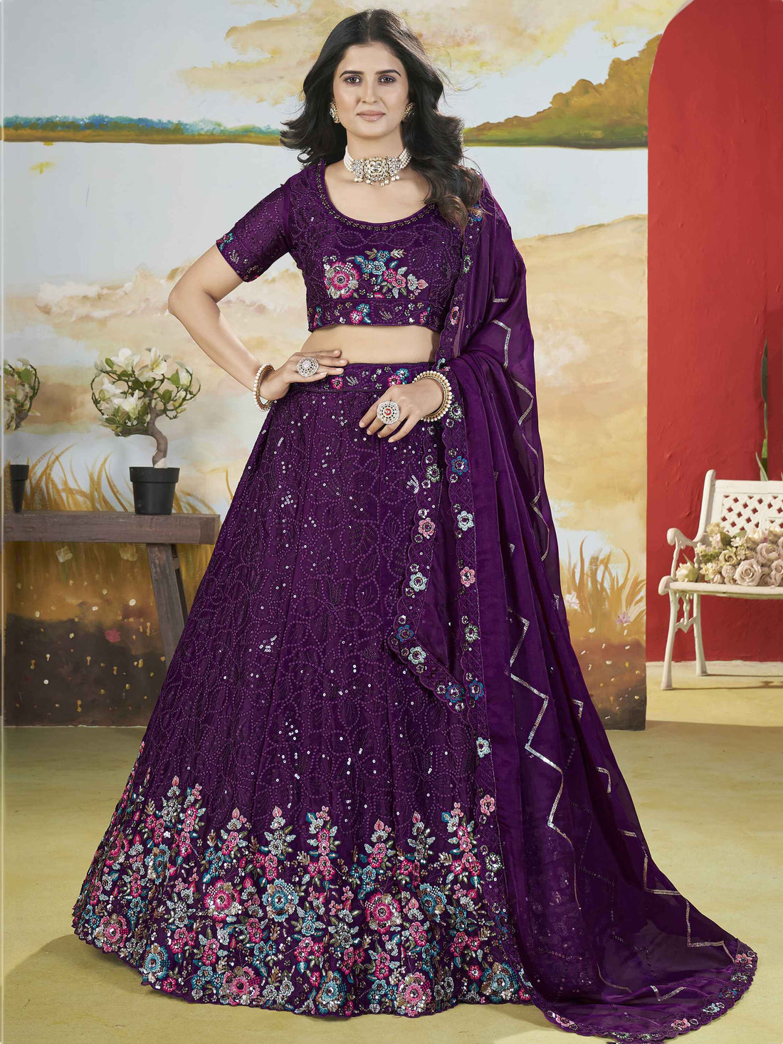 Attractive Purple Sequins Chinon Reception Wear Lehenga Choli